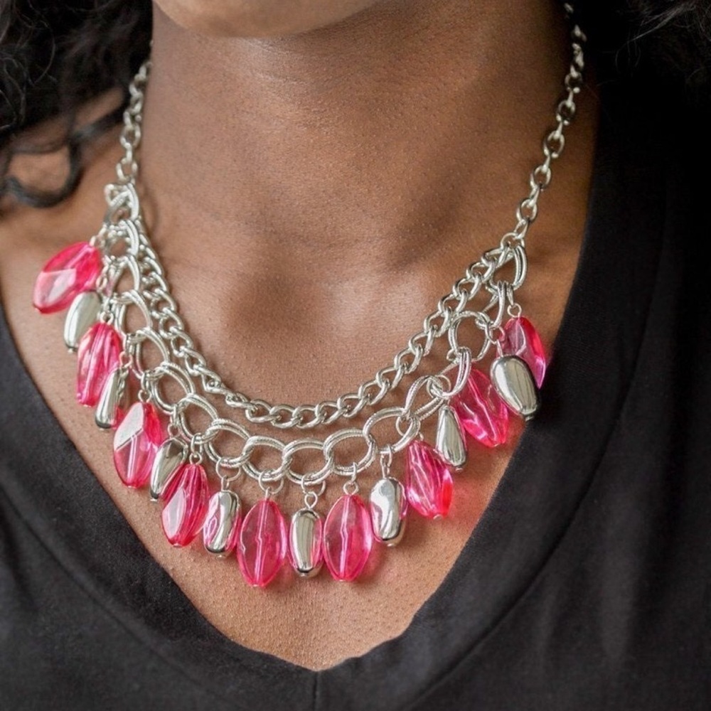Statement Pink Bead Drop Necklace - Women Jewelry